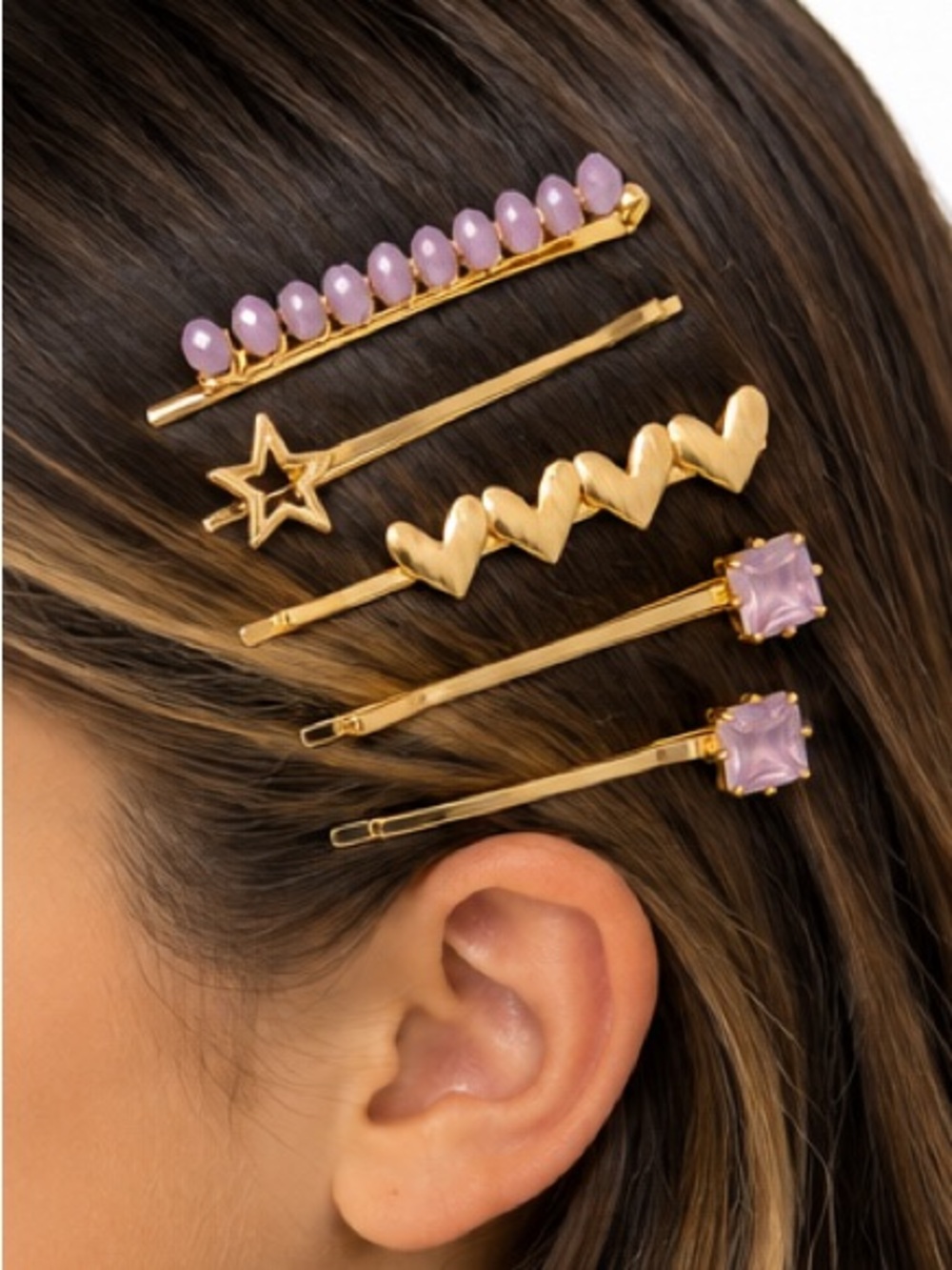 NEW - 5PC Anthropologie Gold, Amethyst, Hearts & Star Bobby Pin Hair Accessories